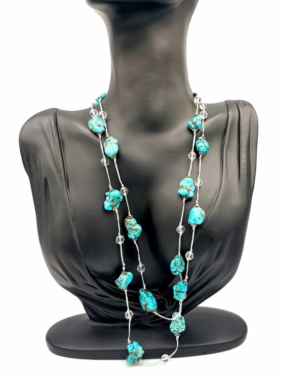 Boutique Turquoise Long Layered Necklace - Raw Turquoise Bead and Crystal